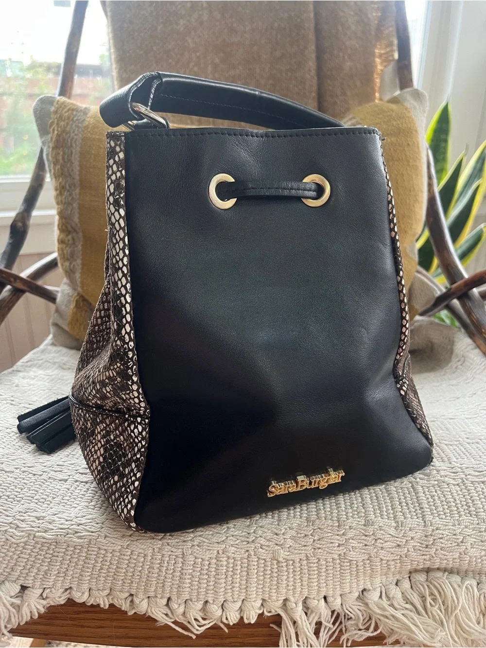 Black Italian Leather Drawstring Satchel with Snake-Print Panels